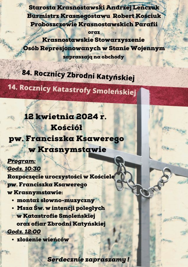<span>KRASNYSTAW: </span> Uroczystości w rocznicę Zbrodni Katyńskiej i Katastrofy Smoleńskiej.