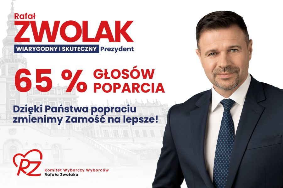 <span>ZAMOŚĆ: </span> 64,78 proc. zdobywa Rafał Zwolak. To nowy prezydent miasta 